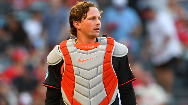 ANAHEIM, CA - MAY 10: Baltimore Orioles catcher Adley Rutschman (35) looks on during the MLB game between the Baltimore Orioles and the Los Angeles Angels on May 10, 2025 at Angel Stadium in Anaheim, CA.
