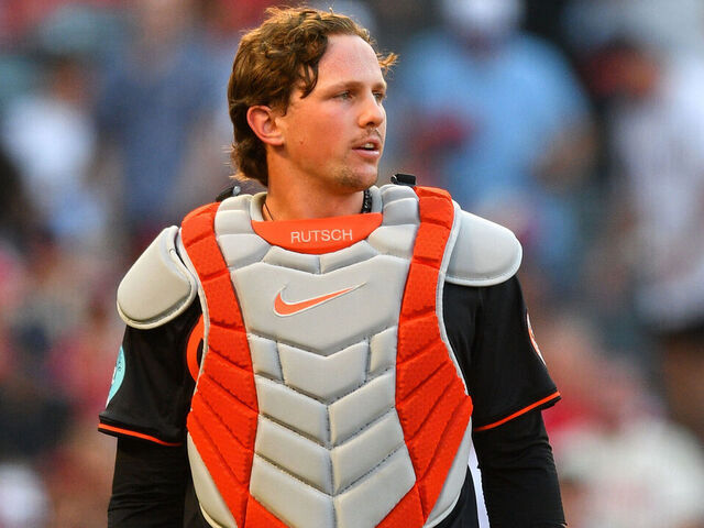 ANAHEIM, CA - MAY 10: Baltimore Orioles catcher Adley Rutschman (35) looks on during the MLB game between the Baltimore Orioles and the Los Angeles Angels on May 10, 2025 at Angel Stadium in Anaheim, CA.