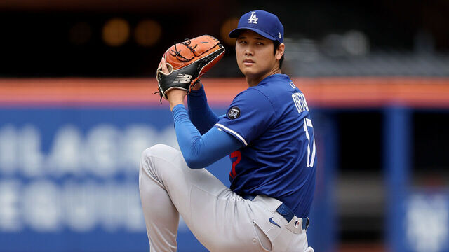 NEW YORK, NEW YORK - MAY 25: Shohei Ohtani #17 of the Los Angeles Dodgers throws during live batting practice before the game between the New York Mets and the Los Angeles Dodgers at Citi Field on May 25, 2025 in the Flushing neighborhood of the Queens borough of New York City. Ohtani had ACL surgery in 2023 and hasn't pitched in a MLB game since.