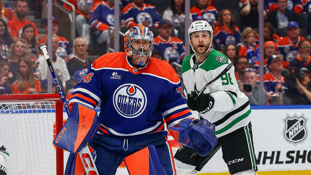 EDMONTON, AB - MAY 25: Dallas Stars Right Wing Mikko Rantanen (96) calls for a pass behind Edmonton Oilers Goalie Stuart Skinner (74) in the second period of game three of Stanley Cup Playoffs Conference Final Edmonton Oilers game versus the Dallas Stars on May 25, 2025 at Rogers Place in Edmonton, AB.