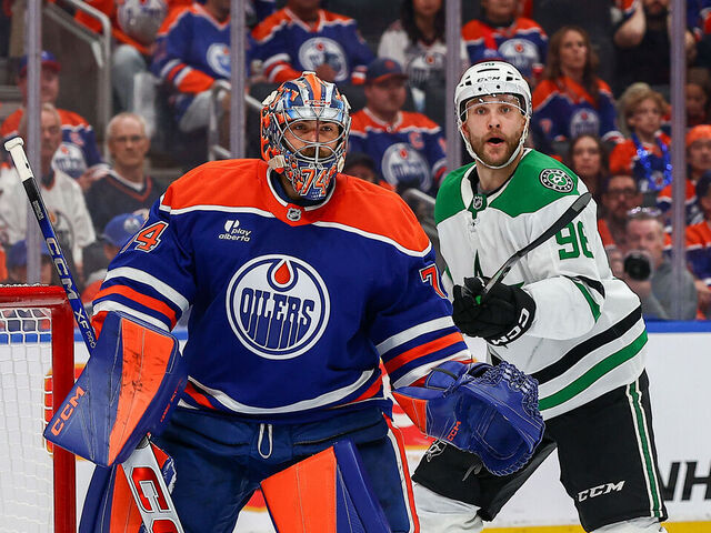 EDMONTON, AB - MAY 25: Dallas Stars Right Wing Mikko Rantanen (96) calls for a pass behind Edmonton Oilers Goalie Stuart Skinner (74) in the second period of game three of Stanley Cup Playoffs Conference Final Edmonton Oilers game versus the Dallas Stars on May 25, 2025 at Rogers Place in Edmonton, AB.
