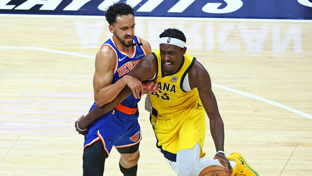 INDIANAPOLIS, IN - MAY 25: Pascal Siakam #43 of the Indiana Pacers dribbles the ball during the game against the New York Knicks during Game 3 of the 2025 Eastern Conference Finals on May 25, 2025 at Gainbridge Fieldhouse in Indianapolis, Indiana. Mandatory Copyright Notice: Copyright 2025 NBAE
