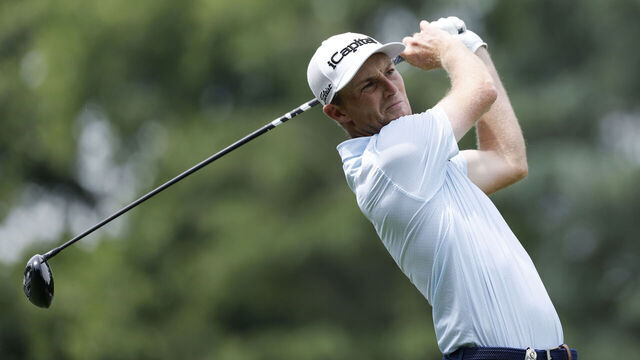 CHARLOTTE, NC - MAY 16: Will Zalatoris (USA) plays his tee shot at the 9th hole during the second round of the PGA Championship on May 16, 2025 at Quail Hollow Country Club in Charlotte, North Carolina.