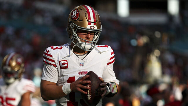MIAMI GARDENS, FLORIDA - DECEMBER 22: Brock Purdy #13 of the San Francisco 49ers warms up before an NFL football game against the Miami Dolphins at Hard Rock Stadium on December 22, 2024 in Miami Gardens, Florida.