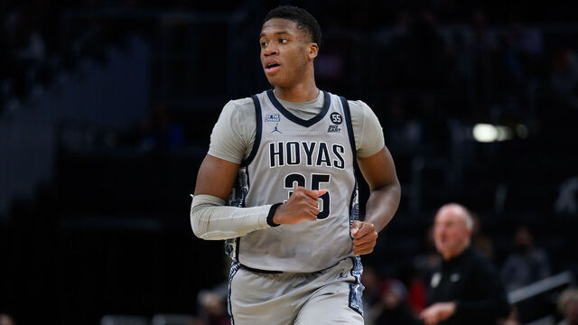 WASHINGTON, DC - JANUARY 31: Georgetown Hoyas forward Thomas Sorber (35) runs down the court during the men's college basketball game between the Butler Bulldogs and Georgetown Hoyas on January 31, 2025, at Capital One Arena in Washington, DC.