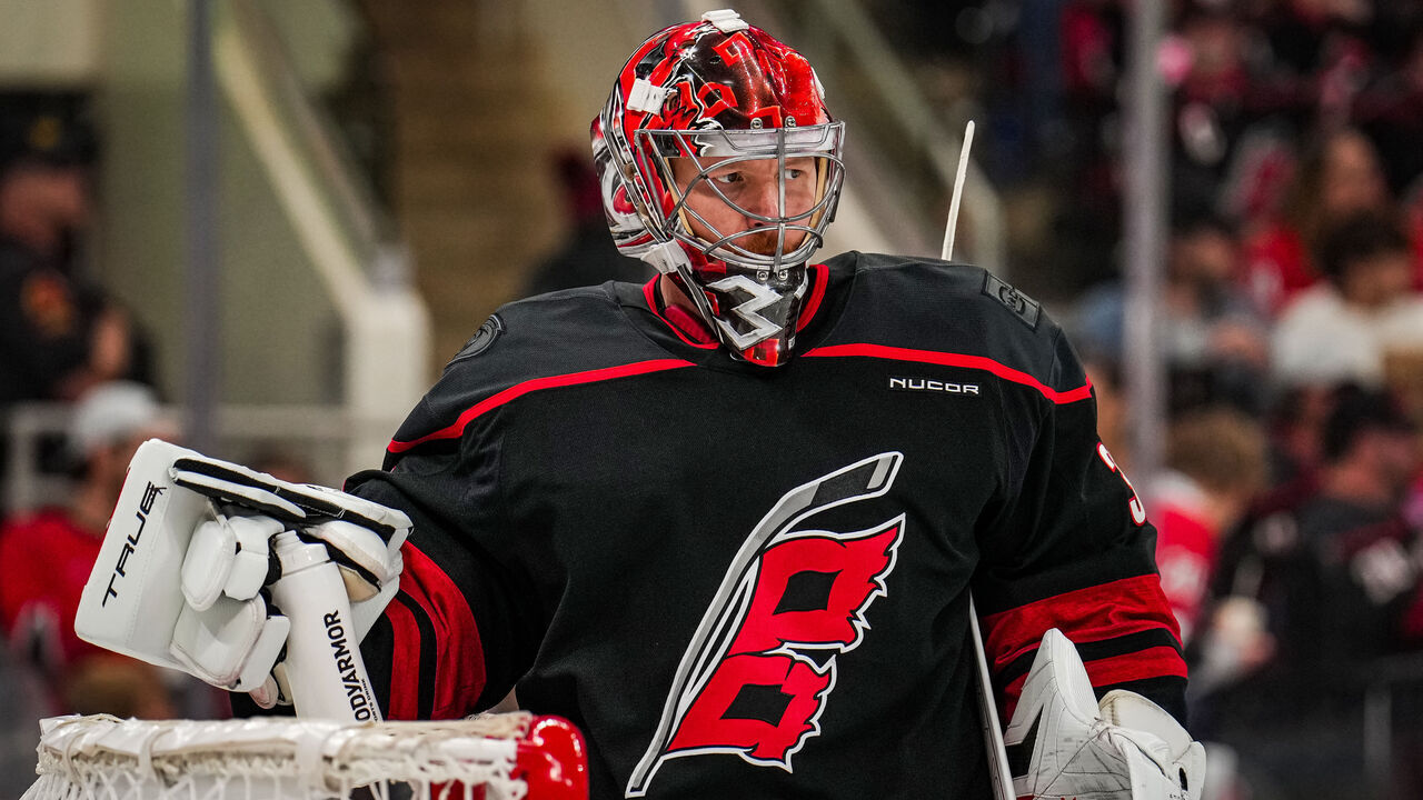 RALEIGH, NC - MAY 22: Goaltender Frederik Andersen #31 of the Carolina Hurricanes stands during the second period of Game Two of the Eastern Conference Final of the 2025 Stanley Cup Playoffs against the Florida Panthers at Lenovo Center on May 22, 2025 in Raleigh, North Carolina.