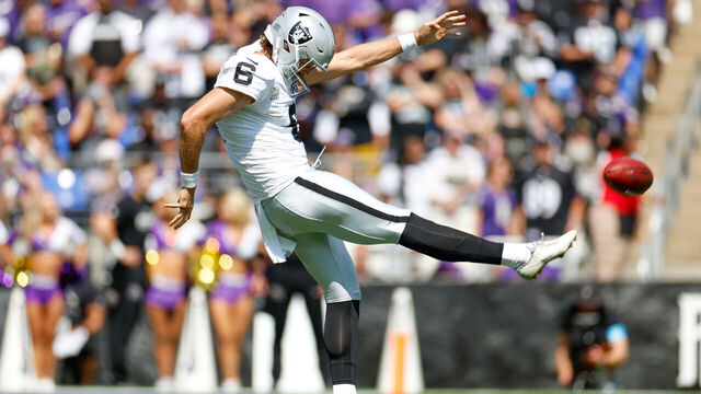 BALTIMORE, MARYLAND - SEPTEMBER 15: AJ Cole #6 of the Las Vegas Raiders punts during the first quarter during an NFL football game against the Baltimore Ravens at M&T Bank Stadium on September 15, 2024 in Baltimore, Maryland.