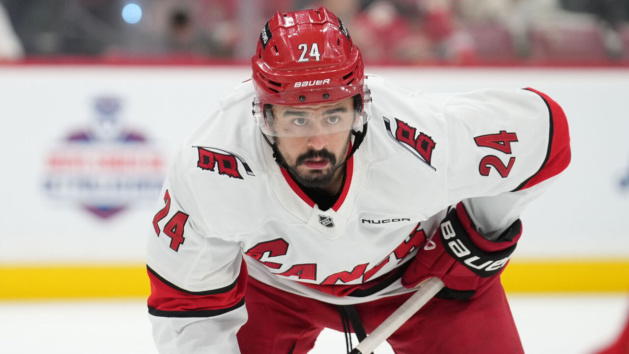 SUNRISE, FL - MAY 24: Carolina Hurricanes center Seth Jarvis (24) waits for a face-off in the first period during game three of the Stanley Cup Playoffs Eastern Conference Finals between the Carolina Hurricanes and the Florida Panthers on Saturday, May 24, 2025 at Amerant Bank Arena in Sunrise, FL.