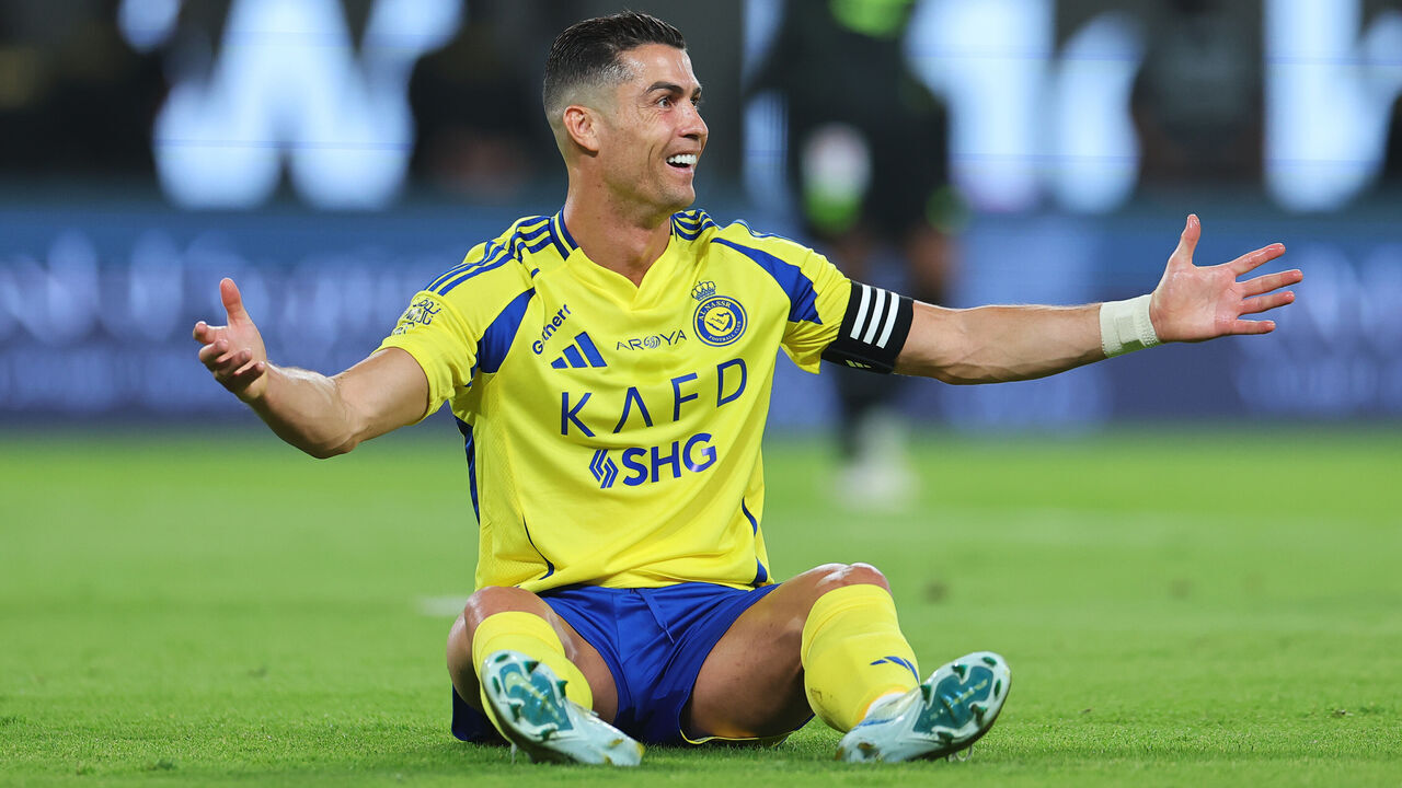 RIYADH, SAUDI ARABIA - MAY 07: Cristiano Ronaldo of Al Nassr reacts during the Saudi Pro League match between Al Nassr and Al Ittihad at Al-Awwal Park on May 07, 2025 in Riyadh, Saudi Arabia.