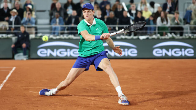 PARIS, FRANCE - MAY 26: Jannik Sinner of Italy is seen in action during his first round match against Arthur Rinderknech of France on Day Two of the 2025 French Open at Roland Garros on May 26, 2025 in Paris, France.