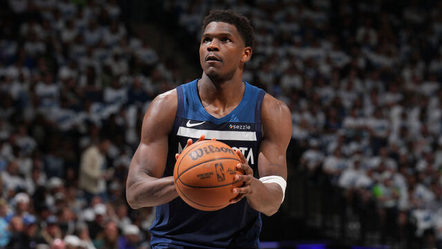 MINNEAPOLIS, MN - MAY 26: Anthony Edwards #5 of the Minnesota Timberwolves shoots a free throw during the game against the Oklahoma City Thunder during Game 4 of the 2025 NBA Western Conference Finals on May 26, 2025 at Target Center in Minneapolis, Minnesota. Mandatory Copyright Notice: Copyright 2025 NBAE
