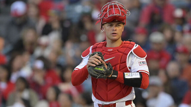 ANAHEIM, CALIFORNIA - MAY 24: Logan O'Hoppe #14 of the Los Angeles Angels during the game against the Miami Marlins at Angel Stadium of Anaheim on May 24, 2025 in Anaheim, California.