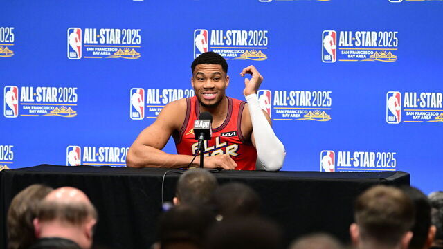 SAN FRANCISCO, CA - FEBRUARY 16: Giannis Antetokounmpo talks to the media during a press conference as part of NBA All-Star Weekend on Sunday, February 16, 2025 at Chase Center in San Francisco, California. NOTE TO USER: User expressly acknowledges and agrees that, by downloading and/or using this Photograph, user is consenting to the terms and conditions of the Getty Images License Agreement. Mandatory Copyright Notice: Copyright 2025 NBAE