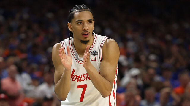 SAN ANTONIO, TEXAS - APRIL 07: Milos Uzan #7 of the Houston Cougars reacts during the first half in the National Championship of the NCAA Men's Basketball Tournament against the Florida Gators at the Alamodome on April 07, 2025 in San Antonio, Texas.