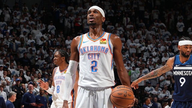 MINNEAPOLIS, MN - MAY 26: Shai Gilgeous-Alexander #2 of the Oklahoma City Thunder shoots a free throw during the game against the Minnesota Timberwolves during Game 4 of the 2025 NBA Western Conference Finals on May 26, 2025 at Target Center in Minneapolis, Minnesota. Mandatory Copyright Notice: Copyright 2025 NBAE