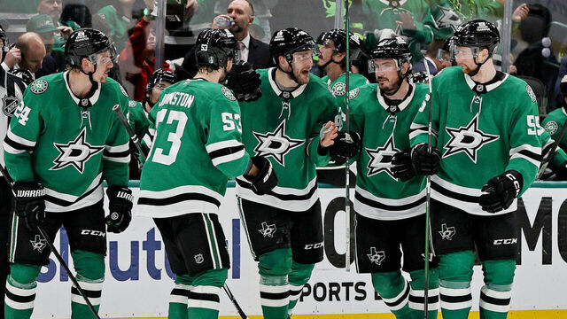 DALLAS, TX - MAY 17: Dallas Stars center Roope Hintz (24), center Wyatt Johnston (53), defenseman Thomas Harley (55), right wing Mikko Rantanen (96) and center Matt Duchene (95) skate back to center ice after a time-out during game 6 of the second round of the Stanley Cup Playoffs between the Dallas Stars and the Winnipeg Jets on May 17, 2025 at American Airlines Center in Dallas, Texas.