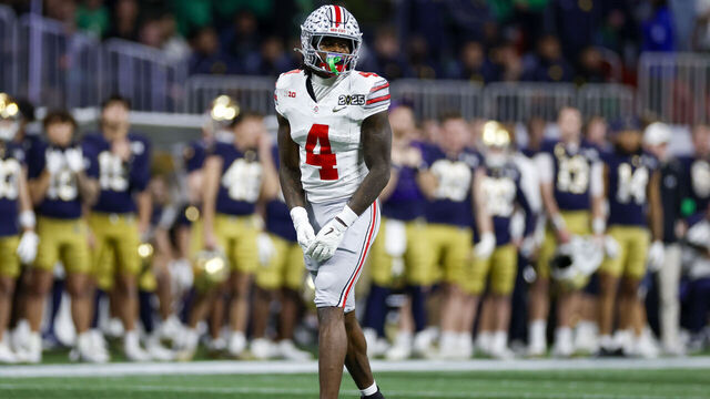 ATLANTA, GA - JANUARY 20: Wide Receiver Jeremiah Smith #4 of the Ohio State Buckeyes lines up for a play during the Ohio State Buckeyes versus Notre Dame Fighting Irish College Football Playoff National Championship game on January 20, 2025, at Mercedes-Benz Stadium in Atlanta, GA.
