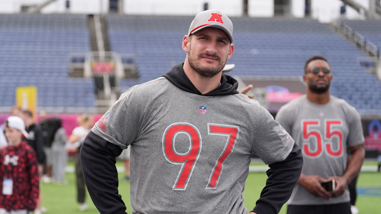 ORLANDO, FLORIDA - JANUARY 26: Joey Bosa #97 of the Los Angeles Chargers and AFC looks on during practice prior to the Pro Bowl Games at Camping World Stadium on February 1, 2025 in Orlando, Florida.