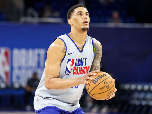 CHICAGO, IL - MAY 14: Yaxel Lendeborg prepares to shoot a free throw during the 2025 NBA Draft Combine on May 14, 2025 at Wintrust Arena in Chicago, Illinois. Mandatory Copyright Notice: Copyright 2025 NBAE