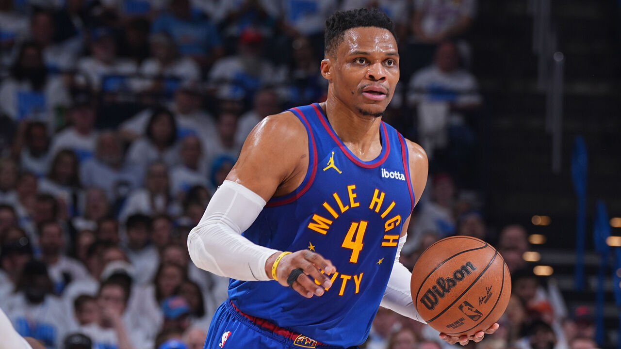 OKLAHOMA CITY, OK - MAY 13: Russell Westbrook #4 of the Denver Nuggets dribbles the ball during the game against the Oklahoma City Thunder during Round 2 Game 5 of the 2025 NBA Playoffs on May 13, 2025 at Paycom Center in Oklahoma City, Oklahoma. Mandatory Copyright Notice: Copyright 2025 NBAE