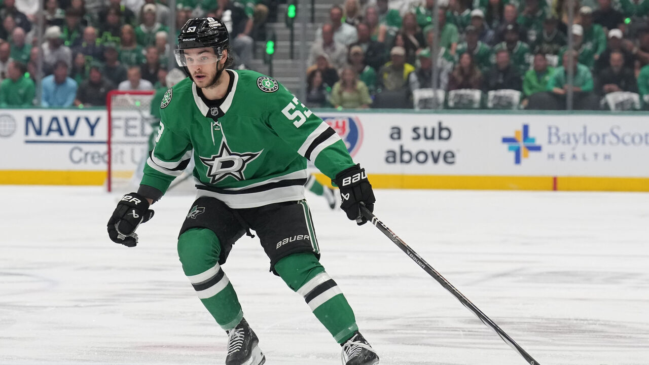 DALLAS, TX - MAY 21: Wyatt Johnston #53 of the Dallas Stars skates against the Edmonton Oilers in the first period of Game One of the Western Conference Finals of the 2025 Stanley Cup Playoffs at the American Airlines Center on May 21, 2025 in Dallas, Texas.