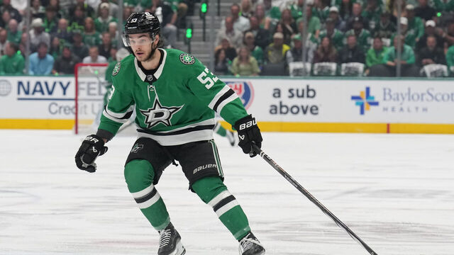 DALLAS, TX - MAY 21: Wyatt Johnston #53 of the Dallas Stars skates against the Edmonton Oilers in the first period of Game One of the Western Conference Finals of the 2025 Stanley Cup Playoffs at the American Airlines Center on May 21, 2025 in Dallas, Texas.