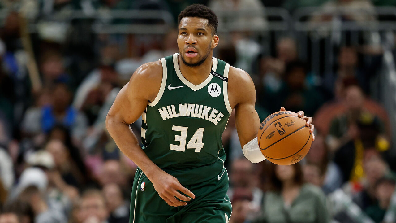 MILWAUKEE, WISCONSIN - APRIL 25: Giannis Antetokounmpo #34 of the Milwaukee Bucks dribbles up court against the Indiana Pacers during game three of the first round of the 2025 NBA playoffs at Fiserv Forum on April 25, 2025 in Milwaukee, Wisconsin.