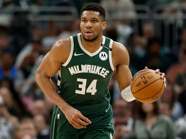 MILWAUKEE, WISCONSIN - APRIL 25: Giannis Antetokounmpo #34 of the Milwaukee Bucks dribbles up court against the Indiana Pacers during game three of the first round of the 2025 NBA playoffs at Fiserv Forum on April 25, 2025 in Milwaukee, Wisconsin.