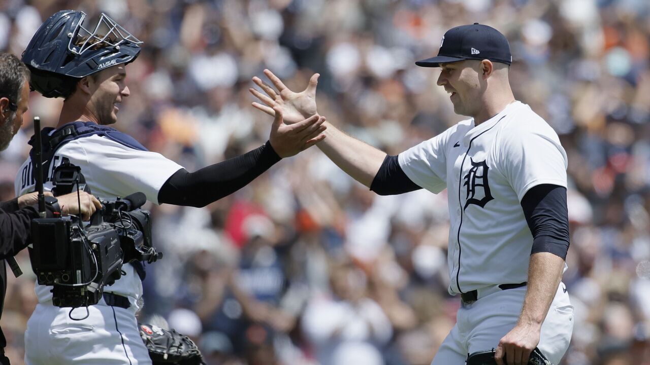 DETROIT, MI - MAY 25: Tarik Skubal #29 of the Detroit Tigers, right, celebrates with catcher Dillon Dingler #13 after pitching a complete-game shutout against the Cleveland Guardians during the ninth inning of his complete-game shutout at Comerica Park on May 25, 2025 in Detroit, Michigan.