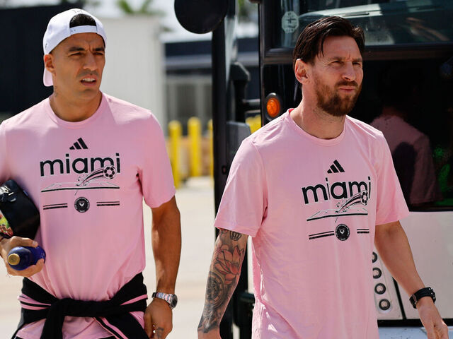 FORT LAUDERDALE, FL - MARCH 09: Lionel Messi #10 and Luis Suarez #9 of Inter Miami CF arrive for the MLS game between Inter Miami CF and Charlotte FC on Sunday March 9, 2025 at Chase Stadium, Fort Lauderdale,Fla.