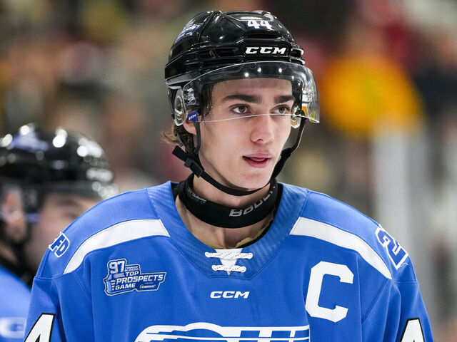 BRANTFORD, CANADA - JANUARY 15: Jake O'Brien of the Brantford Bulldogs looks on during the game between the OHL East and OHL West conferences during the Connor McDavid OHL Top Prospects Game at Brantford & District Civic Centre on January 15, 2025 in Brantford, Canada.