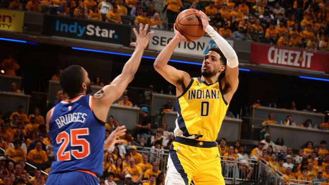 INDIANAPOLIS, IN - MAY 25: Tyrese Haliburton #0 of the Indiana Pacers shoots the ball during the game against the New York Knicks during Game 3 of the 2025 Eastern Conference Finals on May 25, 2025 at Gainbridge Fieldhouse in Indianapolis, Indiana. Mandatory Copyright Notice: Copyright 2025 NBAE