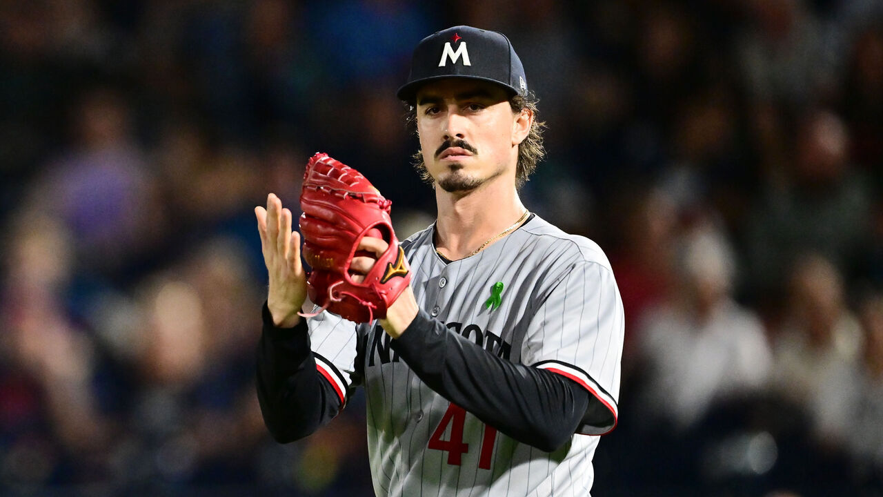 TAMPA, FLORIDA - MAY 27: Joe Ryan #41 of the Minnesota Twins reacts in the sixth inning against the Tampa Bay Rays at George M. Steinbrenner Field on May 27, 2025 in Tampa, Florida.