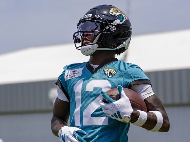 JACKSONVILLE, FL - MAY 19: Jacksonville Jaguars wide receiver Travis Hunter (12) runs during the Jacksonville Jaguars OTA on May 19, 2025 at Miller Electric Center in Jacksonville, Fl.