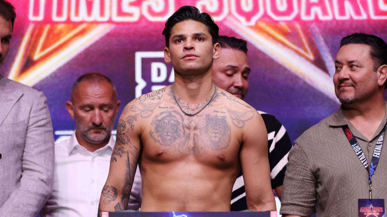 NEW YORK, NEW YORK - MAY 01: Ryan Garcia weighs in for his welterweight bout against Rolando "Rolly" Romero at the Manhattan Center in Times Square on May 01, 2025 in New York City.