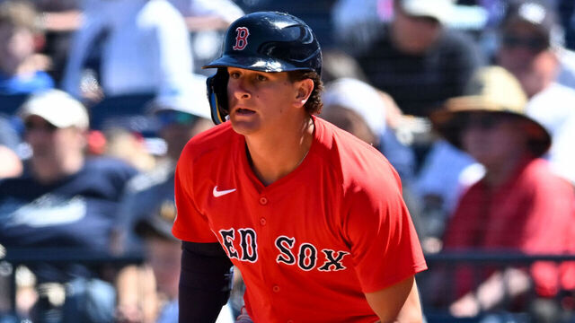 TAMPA, FLORIDA - MARCH 18: Roman Anthony #48 of the Boston Red Sox runs out an RBI single during the seventh inning of a spring training game against the New York Yankees at George M. Steinbrenner Field on March 18, 2025 in Tampa, Florida.