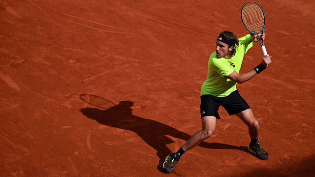 PARIS, FRANCE - MAY 28: Stefanos Tsitsipas of Greece in action against Matteo Gigante of Italy during the Men's Singles Second Round match on Day Four of the 2025 French Ope at Roland Garros on May 28, 2025 in Paris, France.