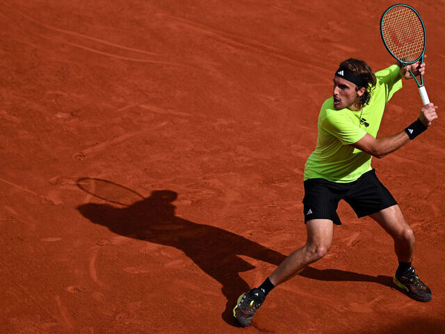 PARIS, FRANCE - MAY 28: Stefanos Tsitsipas of Greece in action against Matteo Gigante of Italy during the Men's Singles Second Round match on Day Four of the 2025 French Ope at Roland Garros on May 28, 2025 in Paris, France.