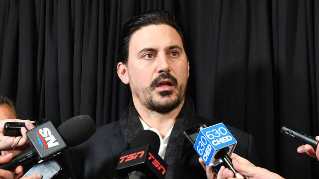 EDMONTON, AB - JANUARY 29: George Parros speaks to the press prior to the game between the Edmonton Oilers and Calgary Flames on January 29, 2020, at Rogers Place in Edmonton, Alberta, Canada.