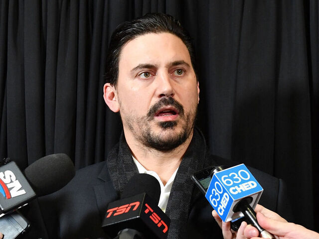 EDMONTON, AB - JANUARY 29: George Parros speaks to the press prior to the game between the Edmonton Oilers and Calgary Flames on January 29, 2020, at Rogers Place in Edmonton, Alberta, Canada.