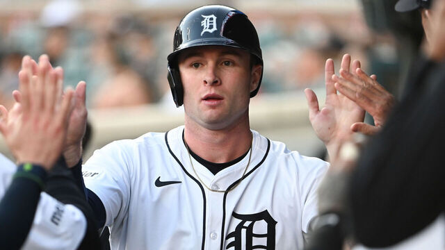 DETROIT, MI - MAY 27: Colt Keith #33 of the Detroit Tigers celebrates with teammates in the dugout after scoring in the third inning during the game between the San Francisco Giants and the Detroit Tigers at Comerica Park on Tuesday, May 27, 2025 in Detroit, Michigan.