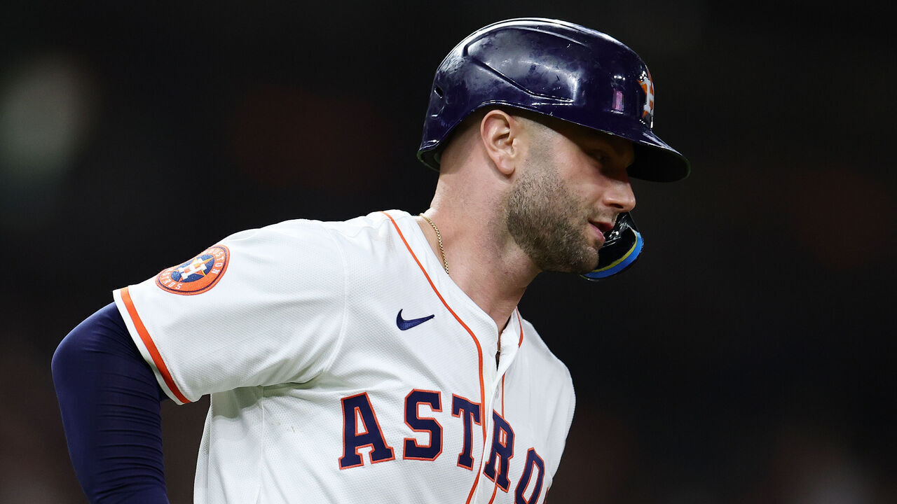 HOUSTON, TEXAS - MAY 27: Christian Walker #8 of the Houston Astros runs the bases after hitting a two run home run during the sixth inning against the Athletics at Daikin Park on May 27, 2025 in Houston, Texas.