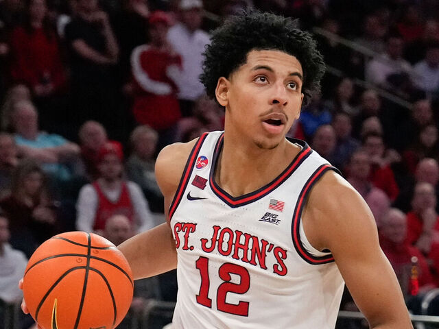 NEW YORK, NY - JANUARY 22: RJ Luis Jr. #12 of the St. John's Red Storm dribbles the ball in the first half of a college basketball game against the Xavier Musketeers at Madison Square Garden on January 22, 2025 in New York City. .