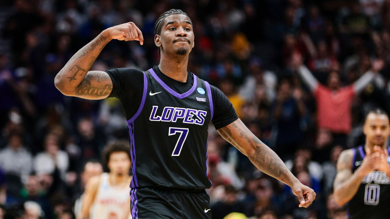 SEATTLE, WASHINGTON - MARCH 21: Tyon Grant-Foster #7 of the Grand Canyon Antelopes celebrates during the first half of the game against the Maryland Terrapins in the first round of the 2025 NCAA Men's Basketball Tournament held at Climate Pledge Arena on March 21, 2025 in Seattle, Washington.