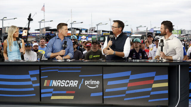 CONCORD, NORTH CAROLINA - MAY 25: (L-R) The NASCAR on Prime Video broadcast team Danielle Trotta, Carl Edwards, Steve Letarte and Corey LaJoie talk on set prior to the NASCAR Cup Series Coca-Cola 600 at Charlotte Motor Speedway on May 25, 2025 in Concord, North Carolina.