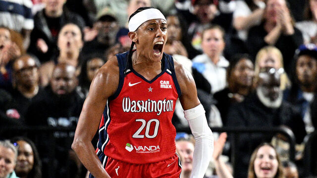 BALTIMORE, MARYLAND - MAY 28: Brittney Sykes #20 of the Washington Mystics celebrates after scoring in the third quarter against the Indiana Fever at CFG Bank Arena on May 28, 2025 in Baltimore, Maryland.