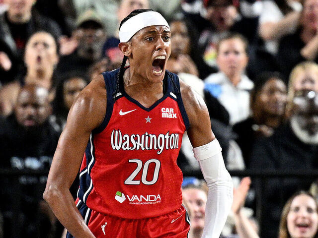 BALTIMORE, MARYLAND - MAY 28: Brittney Sykes #20 of the Washington Mystics celebrates after scoring in the third quarter against the Indiana Fever at CFG Bank Arena on May 28, 2025 in Baltimore, Maryland.