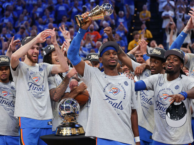 OKLAHOMA CITY, OKLAHOMA - MAY 28: Shai Gilgeous-Alexander #2 of the Oklahoma City Thunder celebrates with teammates after winning the Western Conference Finals MVP after defeating the Minnesota Timberwolves 124-94 in Game Five of the Western Conference Finals of the 2025 NBA Playoffs at Paycom Center on May 28, 2025 in Oklahoma City, Oklahoma.