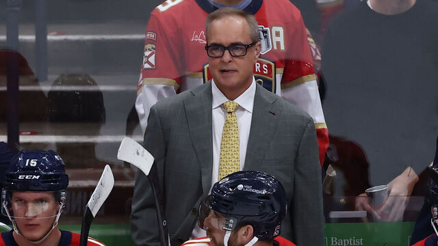 SUNRISE, FL - MAY 24: Florida Panthers head coach Paul Maurice watches the action in the second period during game three of the Stanley Cup Playoffs Eastern Conference Finals between the Carolina Hurricanes and the Florida Panthers on Saturday, May 24, 2025 at Amerant Bank Arena in Sunrise, FL.