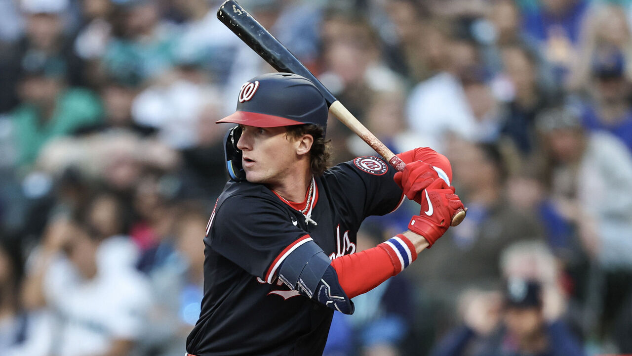 SEATTLE, WASHINGTON - MAY 27: Robert Hassell III #57 of the Washington Nationals at bat against the Seattle Mariners at T-Mobile Park on May 27, 2025 in Seattle, Washington.